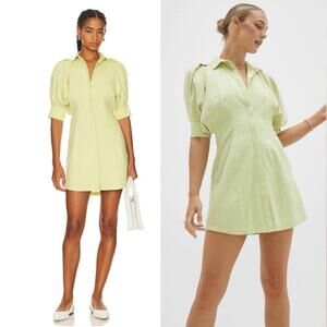 Puff-Sleeve Mini Shirt Dress in Light Green